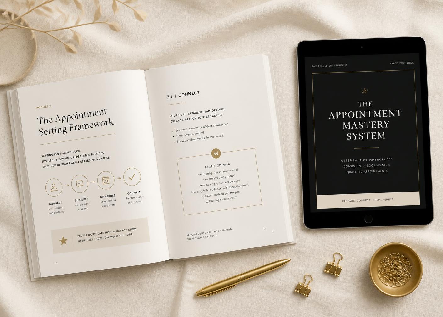 Editable training manual laid open beside a tablet showing the digital version